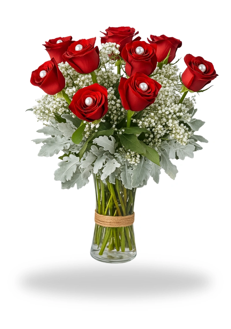 9 Roses In Vase Bouquet
